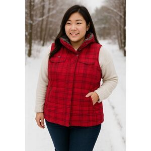 Columbia Red Plaid Down Vest Women’s L Faux Fur Collar Gorpcore Cozy Pocket Flaw
